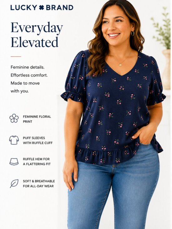 Lucky Brand Tops - Lucky Brand Navy Floral Ruffle Peplum Top Large